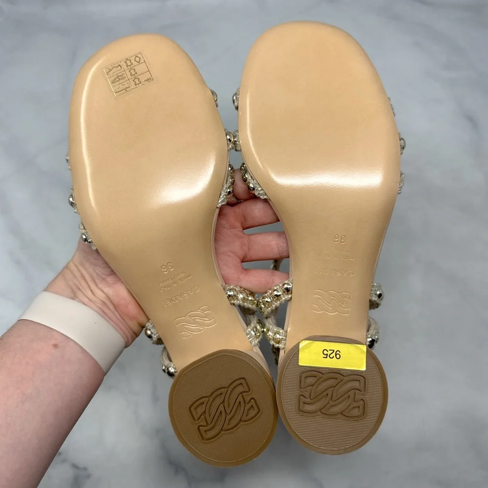NEW Casadei Studsway Pearl Studded Strappy Open Toe Kitten Block Heel Sandals 36